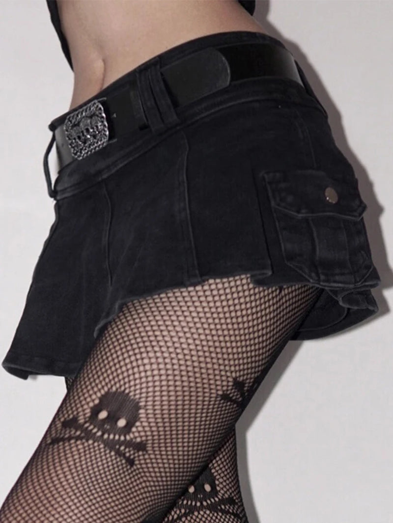 Harajuku Y2K Denim Mini Skirt with Skull Belt