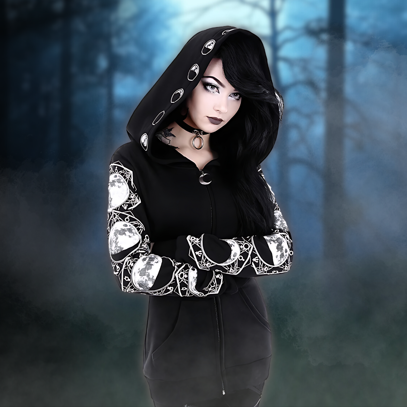 Black Hoodie with Moon Print