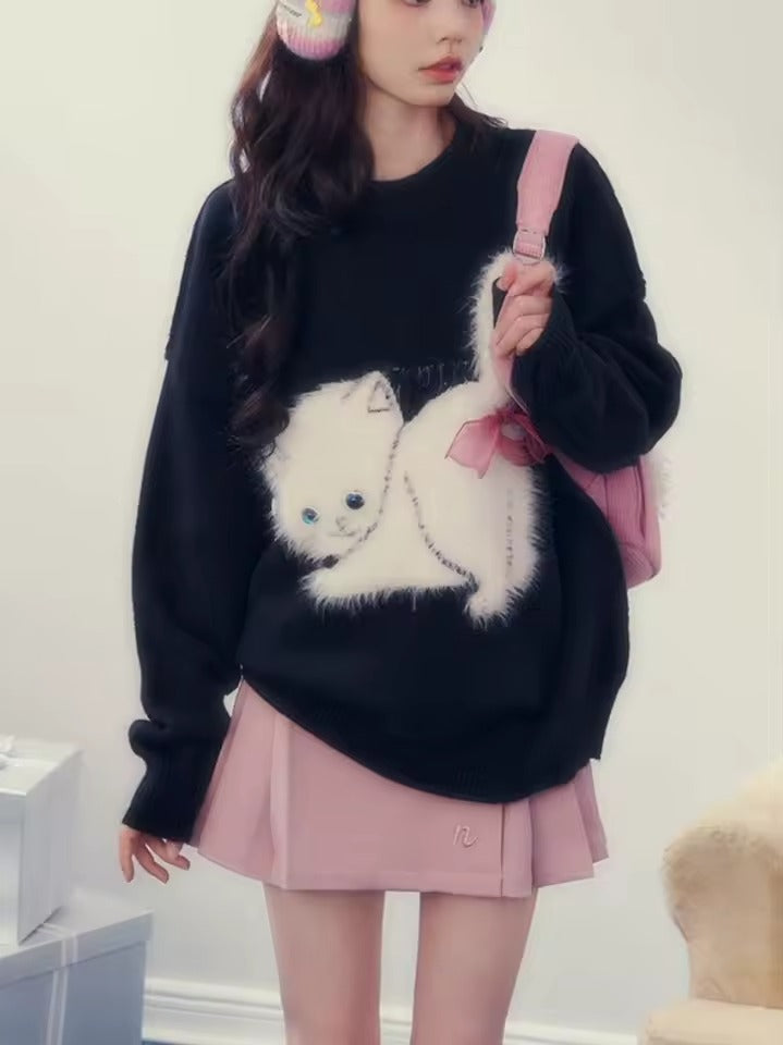 Kitty Cat Sweater – Y2K Japanese Preppy Knitted Pullover for Women