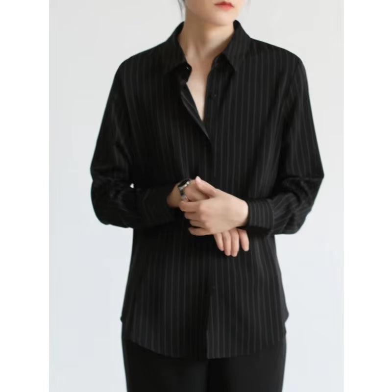 Vintage Black Striped Shirts Women Office Long Sleeve Loose Casual Blouses