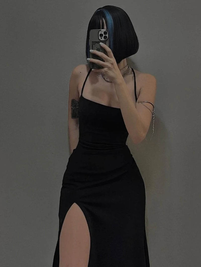 Backless lace-up, high waist halter dress
