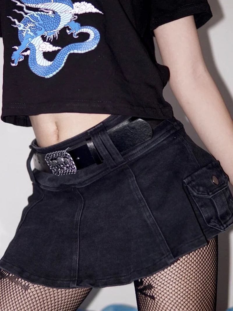 Harajuku Y2K Denim Mini Skirt with Skull Belt