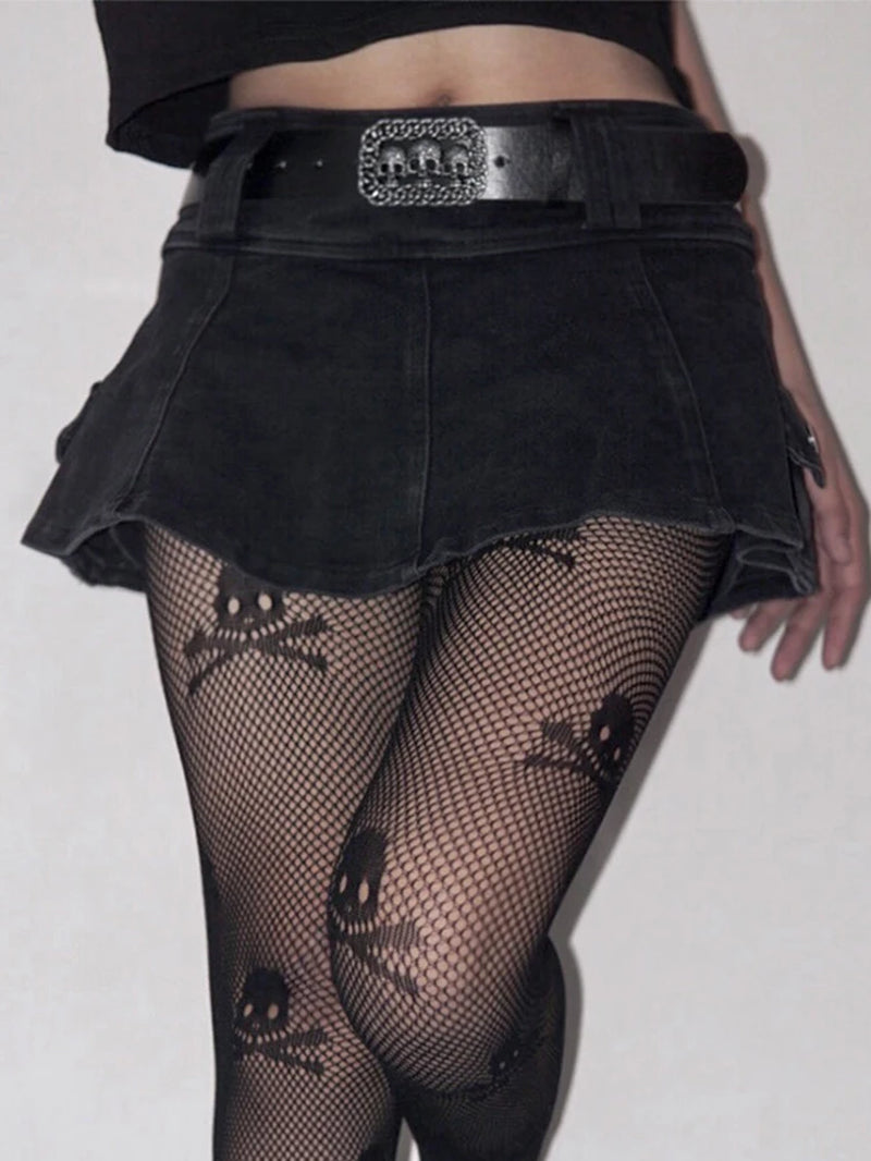 Harajuku Y2K Denim Mini Skirt with Skull Belt