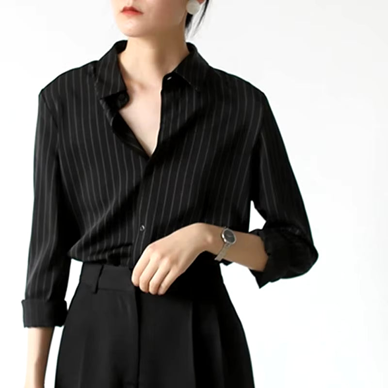 Vintage Black Striped Shirts Women Office Long Sleeve Loose Casual Blouses