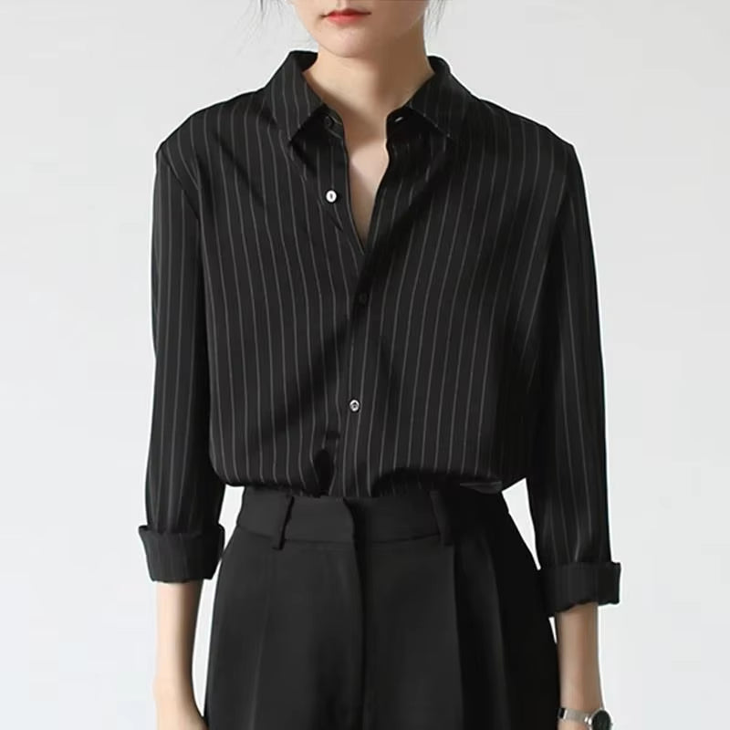 Vintage Black Striped Shirts Women Office Long Sleeve Loose Casual Blouses
