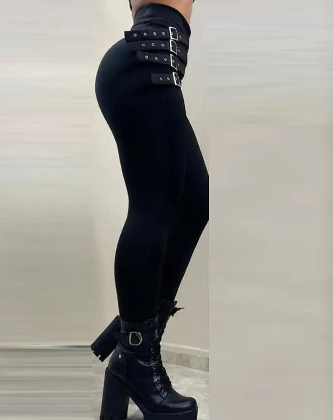 High Waist Buckled Skinny Pencil Pants – Casual Full-Length Trousers for Women