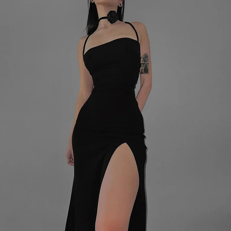 Backless lace-up, high waist halter dress