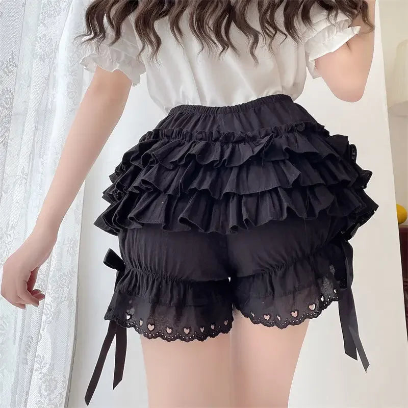 Black and White Lolita Bloomers – Pumpkin Shorts with Bows and Pleated Lace