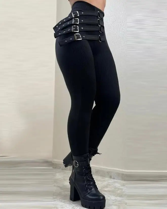High Waist Buckled Skinny Pencil Pants – Casual Full-Length Trousers for Women