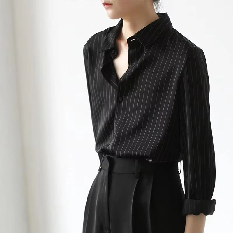 Vintage Black Striped Shirts Women Office Long Sleeve Loose Casual Blouses