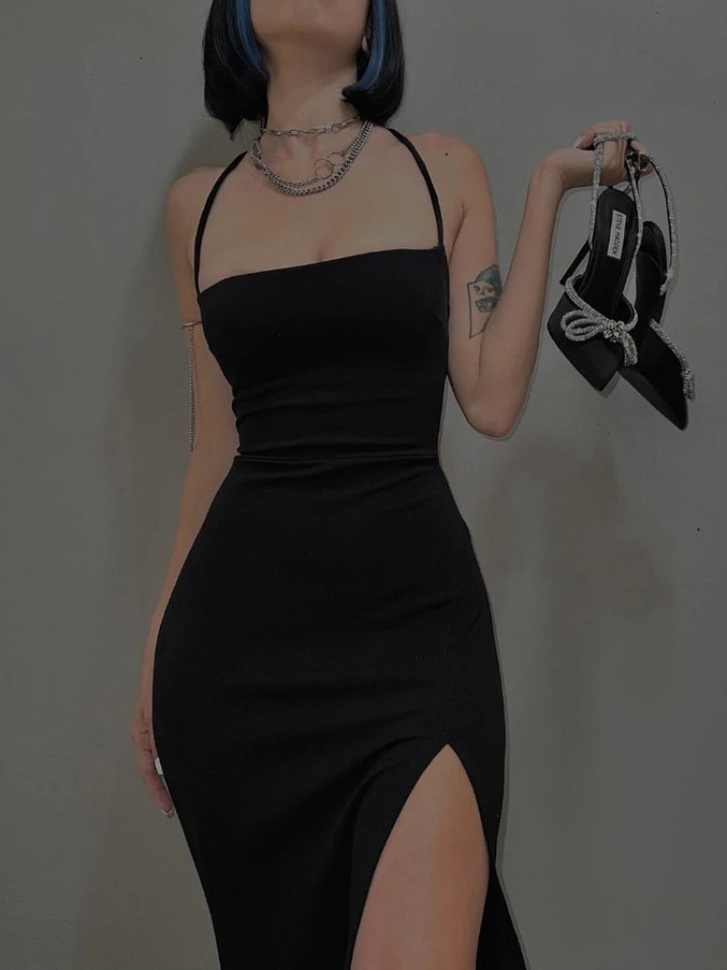 Backless lace-up, high waist halter dress
