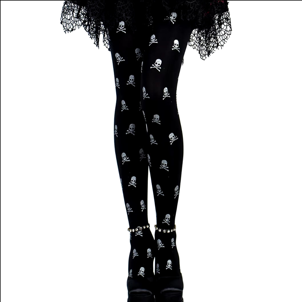 Skull Print Sheer Black Gothic Pantyhose for Halloween & Cosplay