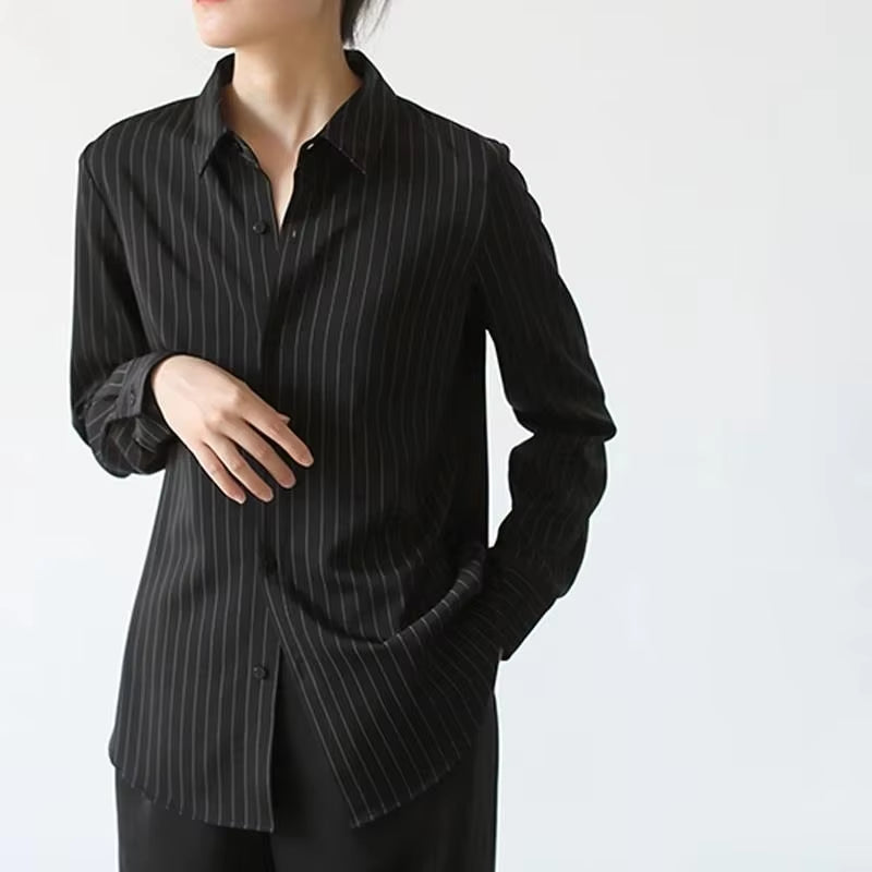Vintage Black Striped Shirts Women Office Long Sleeve Loose Casual Blouses