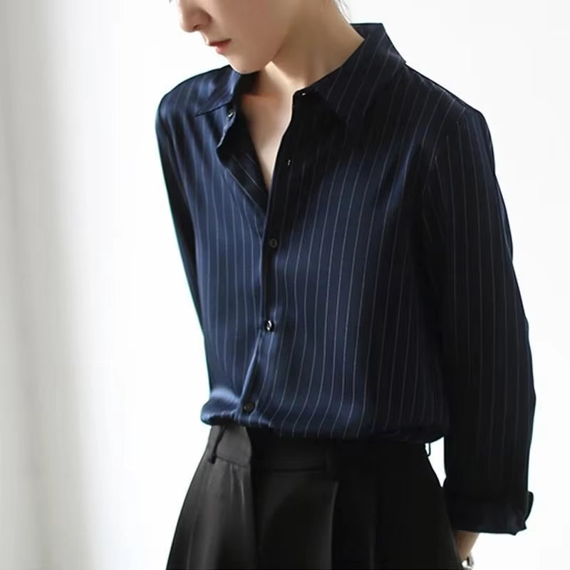 Vintage Black Striped Shirts Women Office Long Sleeve Loose Casual Blouses