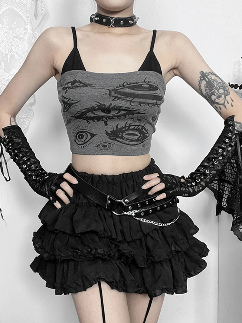 Y2K Gothic Grey Devil Eye Crop Tank Top