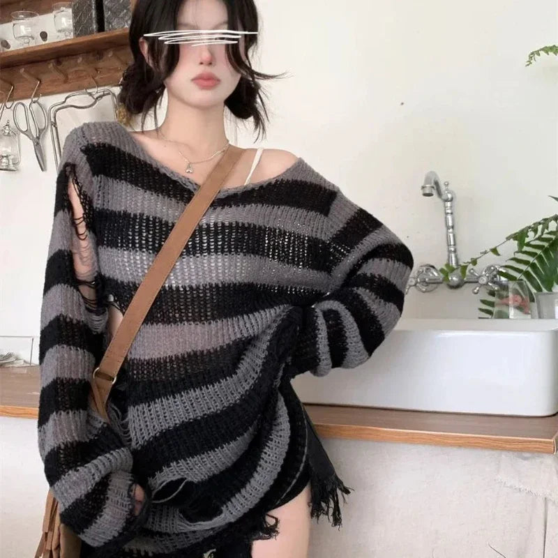 Goth Punk Striped Hollow Out Oversized Sweater