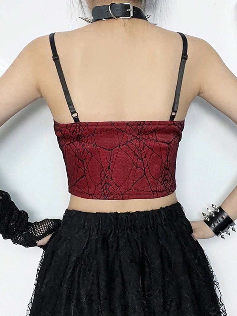 Gothic Punk Red Spiderweb Patchwork Crop Tank Top