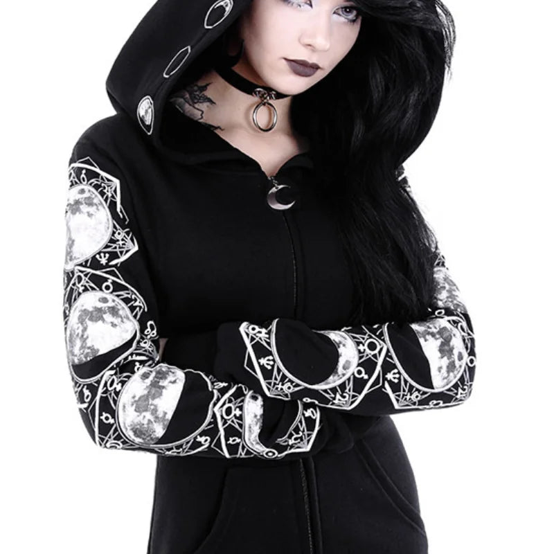 Black Hoodie with Moon Print 