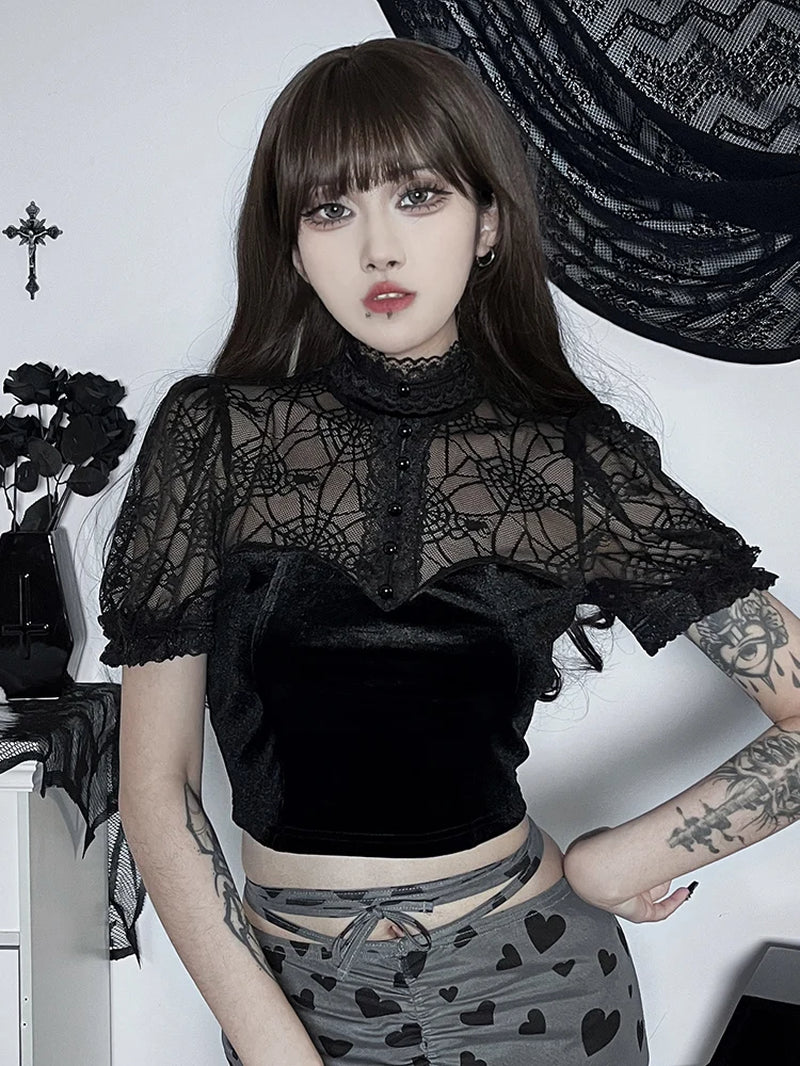 Dark Gothic Spider Web Mesh Patchwork Croset Crop Tee