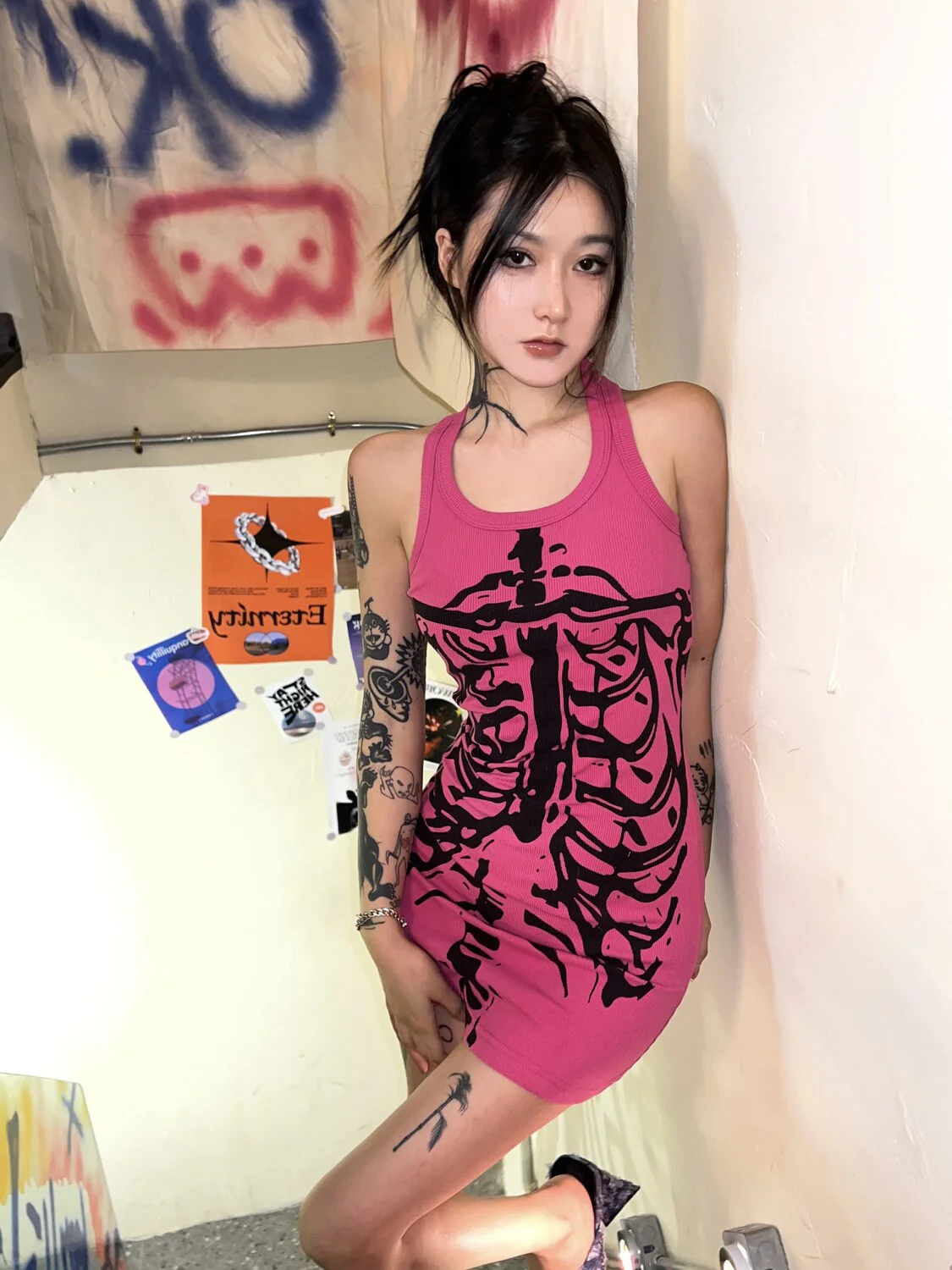 Y2K 90s Pink Skeleton Print Bodycon Dress