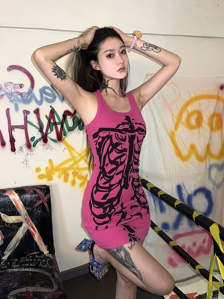 Y2K 90s Pink Skeleton Print Bodycon Dress