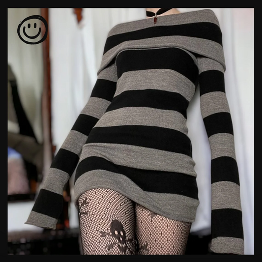 Black and Gray Striped Knitted Sweater Mini Dress 