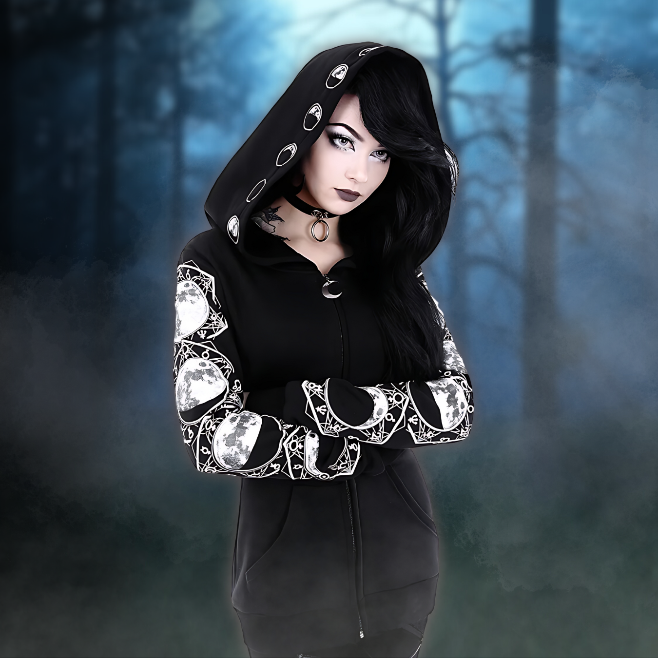 Black Hoodie with Moon Print 