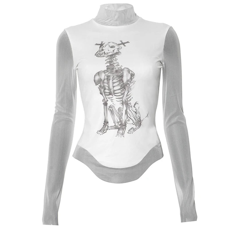 Sexy White Lace Mesh Long Sleeve T-Shirt Skull Print Crop Top