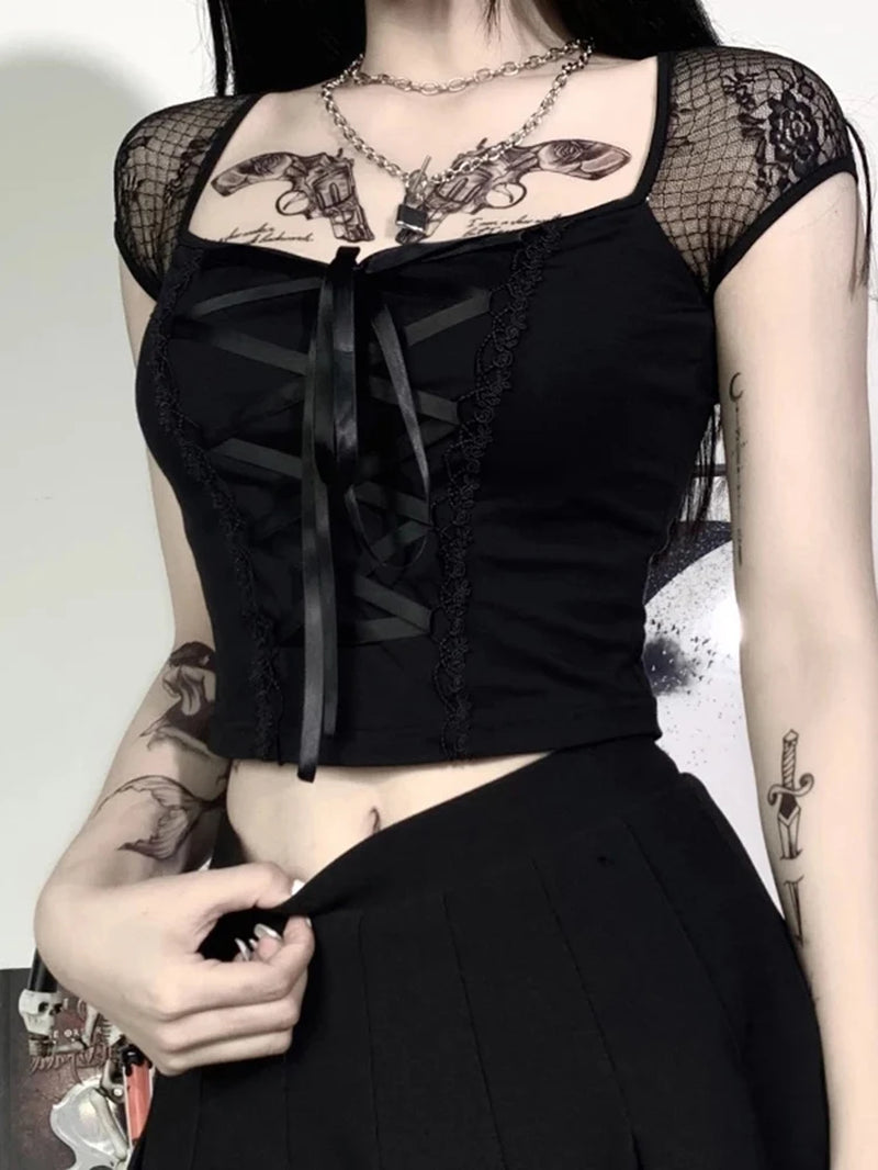 Vintage Goth Bandage Lace Bodycon Mesh Tee