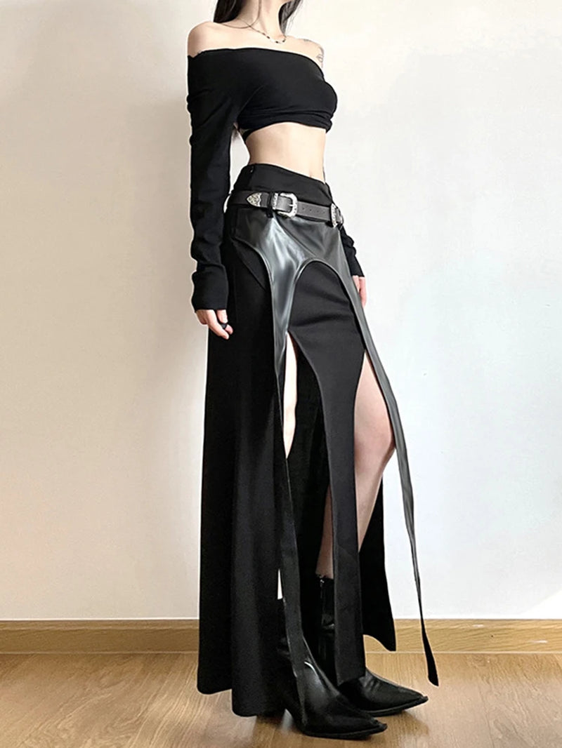 Harajuku Cyber Punk Irregular High Waist PU Leather Patchwork Skirt