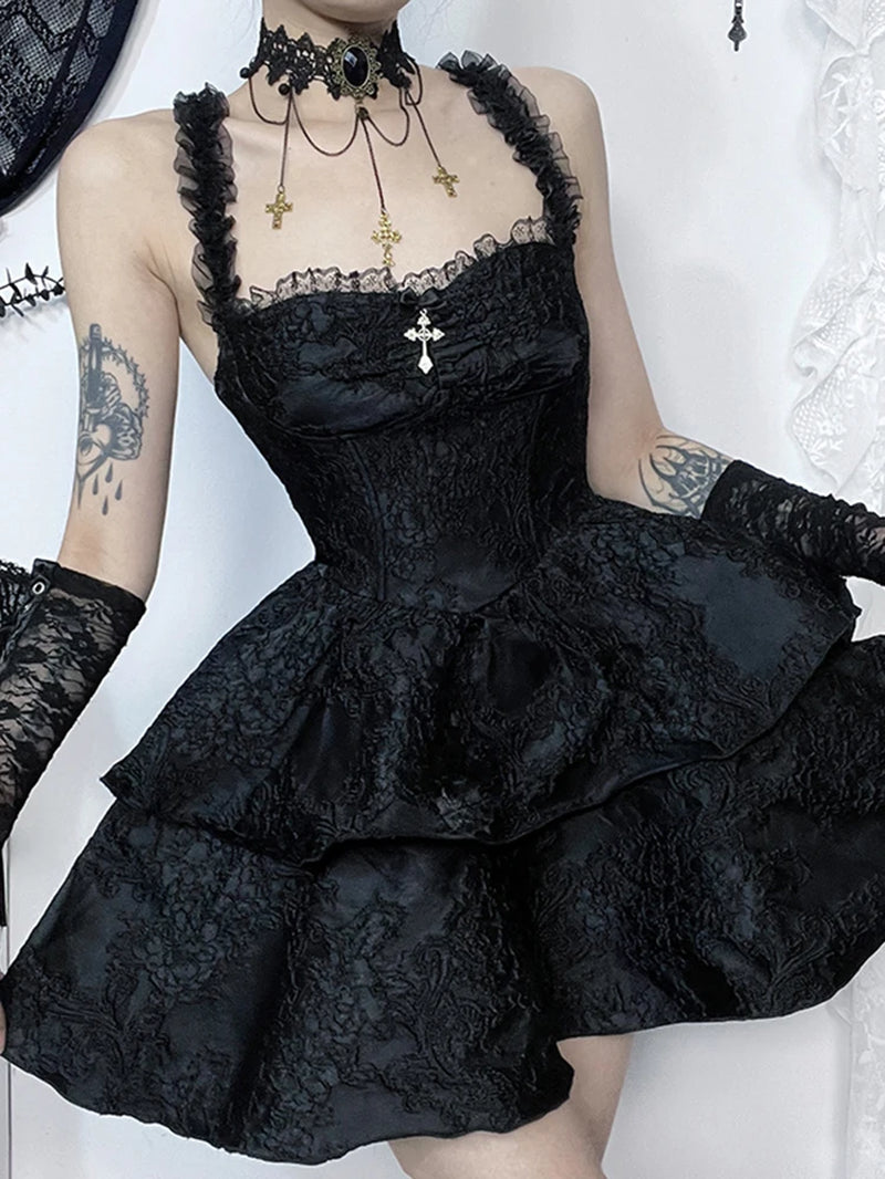 Fairy Goth Princess Lace Spaghetti Strap High Waist Corset Dress