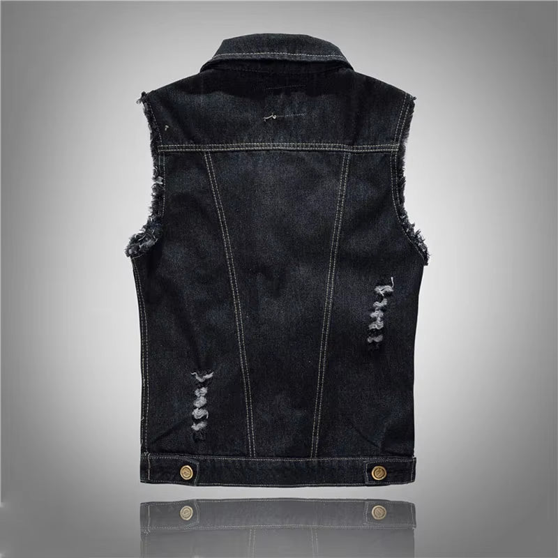 Men's Gothic Vintage Black Denim Vest for DIY Goth Outfit – Sleeveless Hole Jeans Jacket for Spring & Autumn