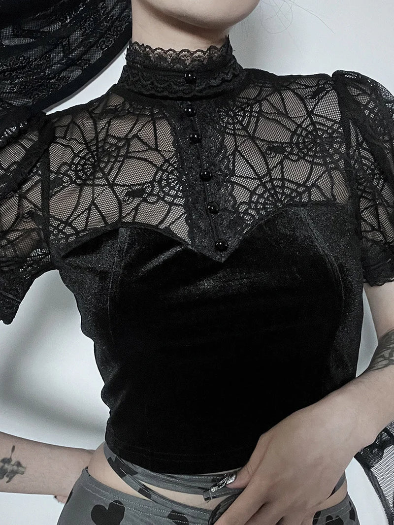 Dark Gothic Spider Web Mesh Patchwork Croset Crop Tee