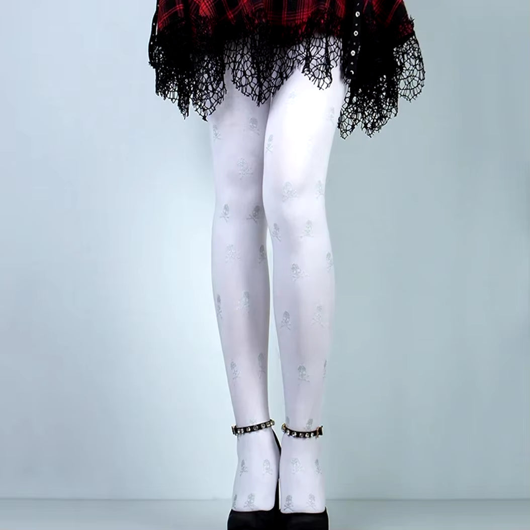 Skull Print Sheer Black Gothic Pantyhose for Halloween & Cosplay