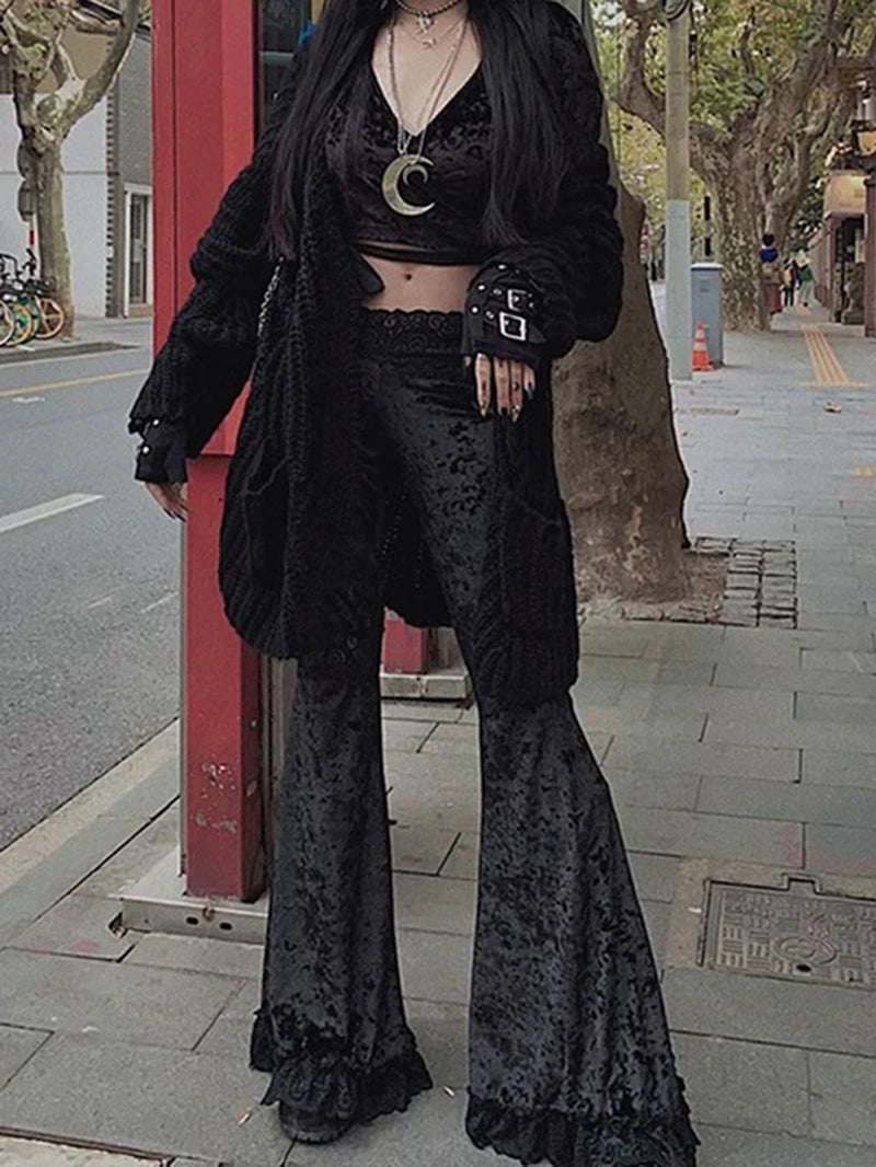 Punk Gothic Lace Patchwork Hollow Out Velvet Flare Pants