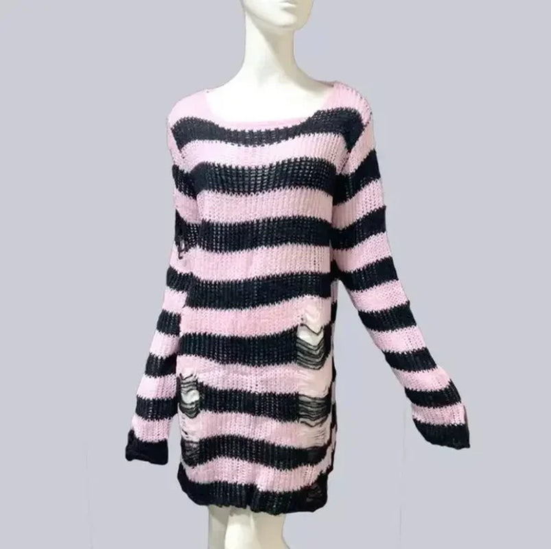 Goth Punk Striped Hollow Out Oversized Sweater