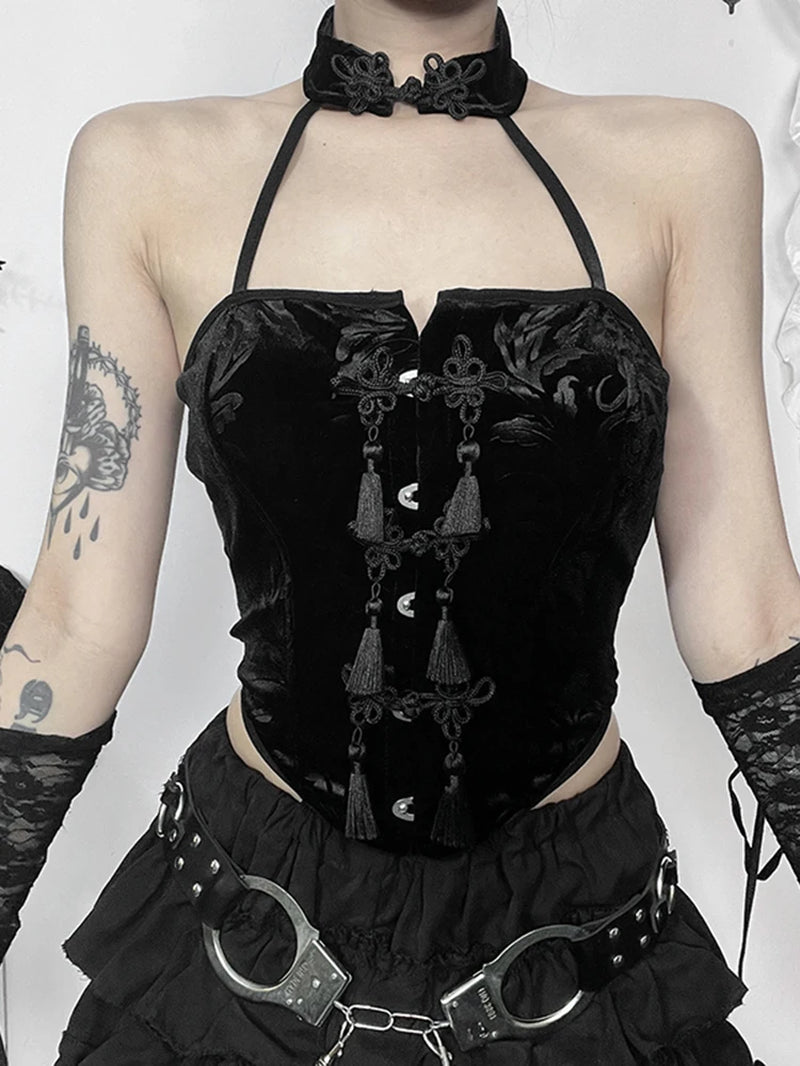 Dark Gothic Vintage Tassel Halter Crop Top