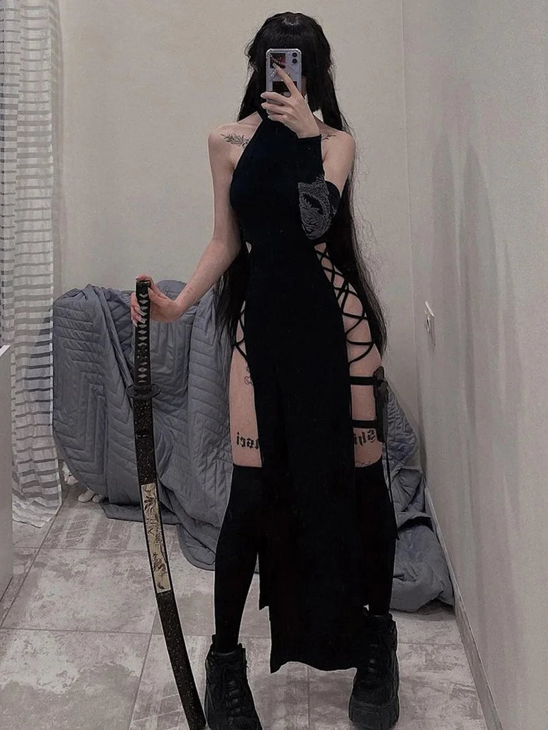 Goth Split Halter Lace-Up Long Dress