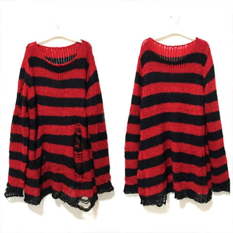 Goth Punk Striped Hollow Out Oversized Sweater