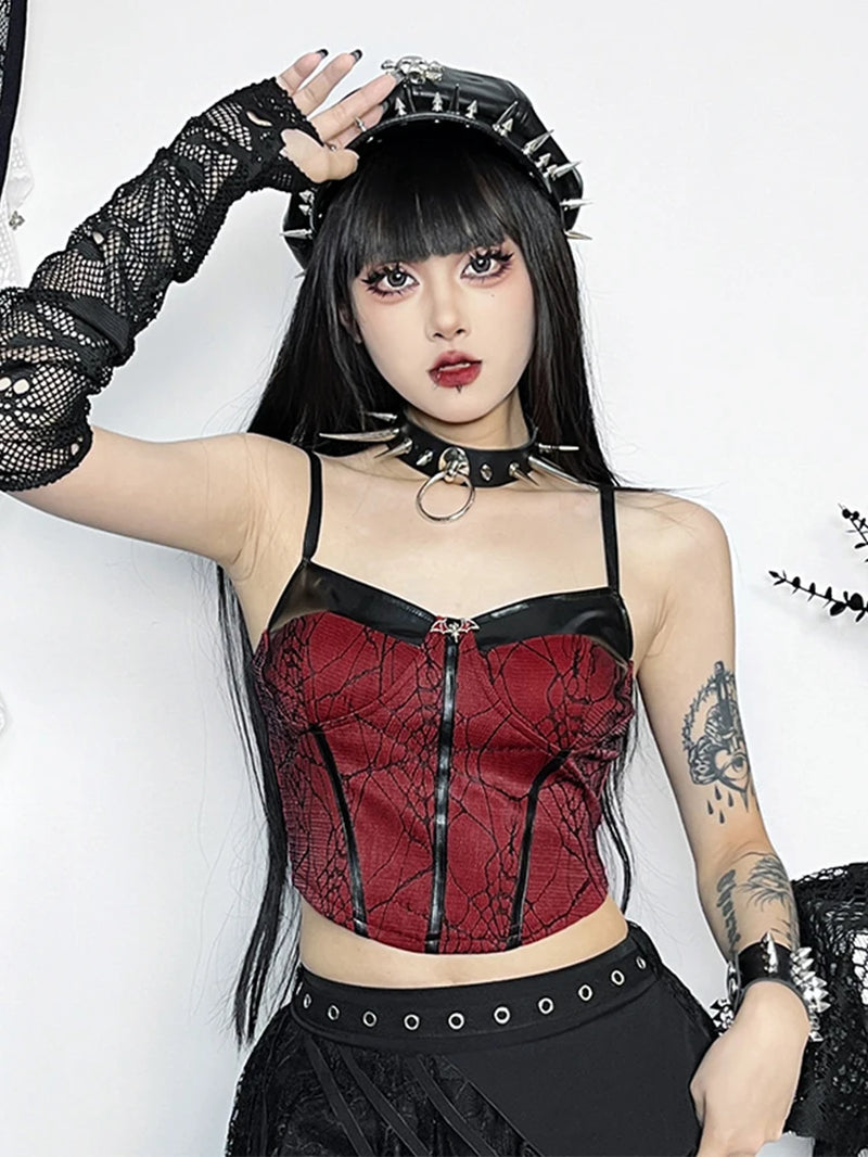 Gothic Punk Red Spiderweb Patchwork Crop Tank Top