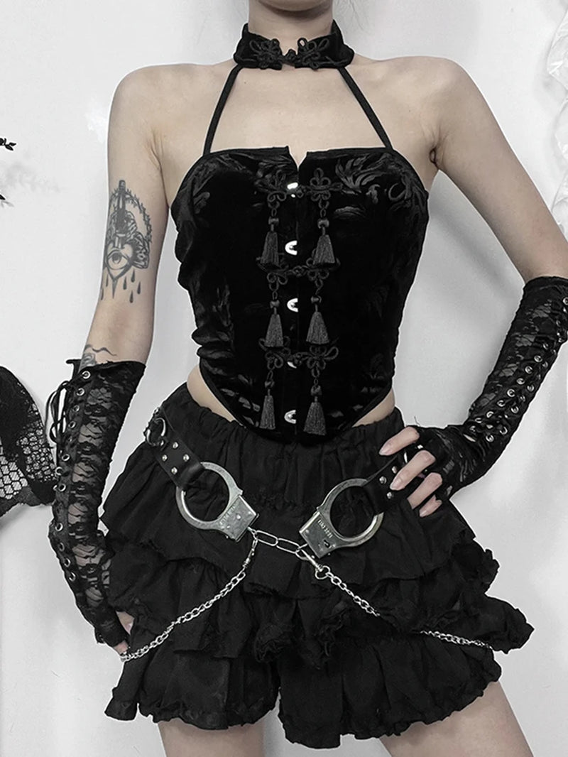 Dark Gothic Vintage Tassel Halter Crop Top