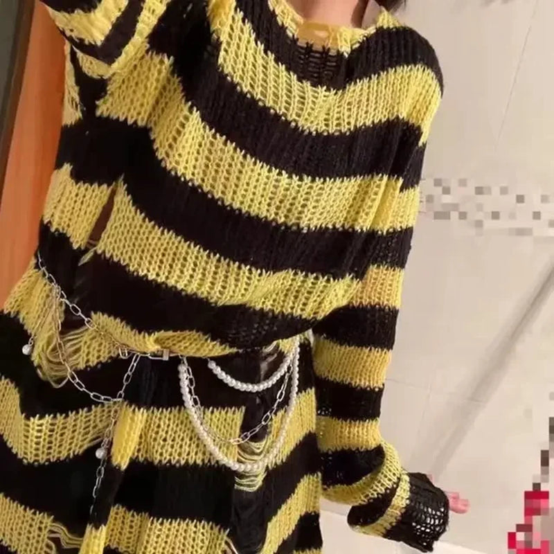 Goth Punk Striped Hollow Out Oversized Sweater