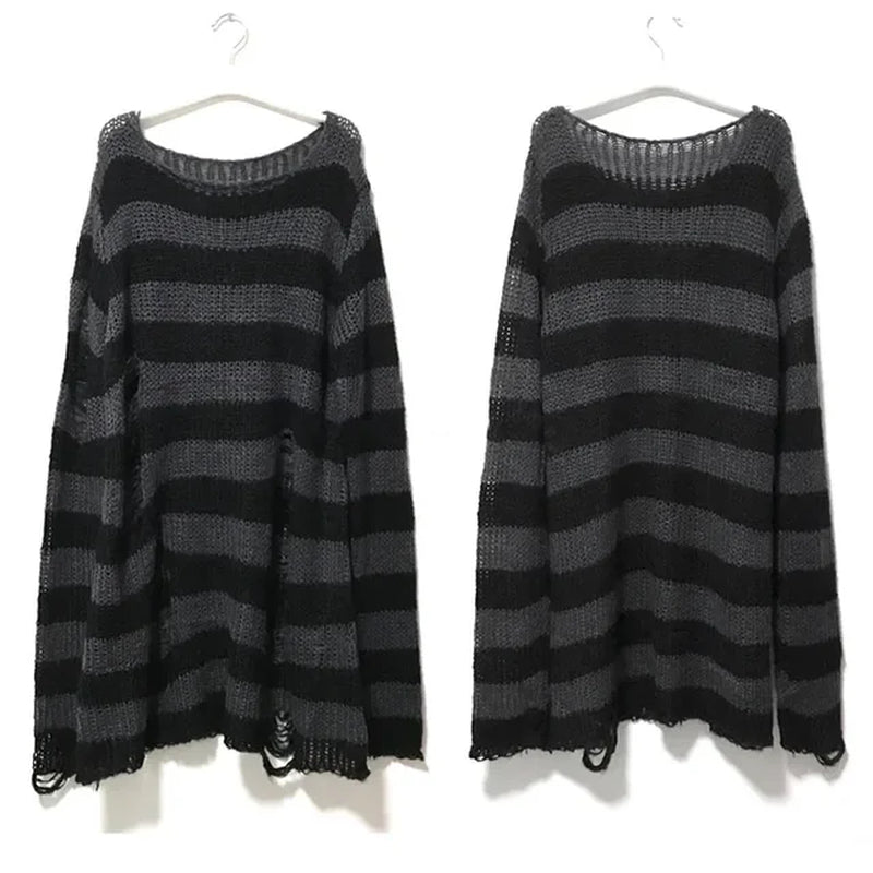 Goth Punk Striped Hollow Out Oversized Sweater