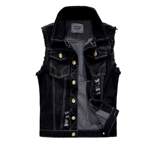 Men's Gothic Vintage Black Denim Vest for DIY Goth Outfit – Sleeveless Hole Jeans Jacket for Spring & Autumn