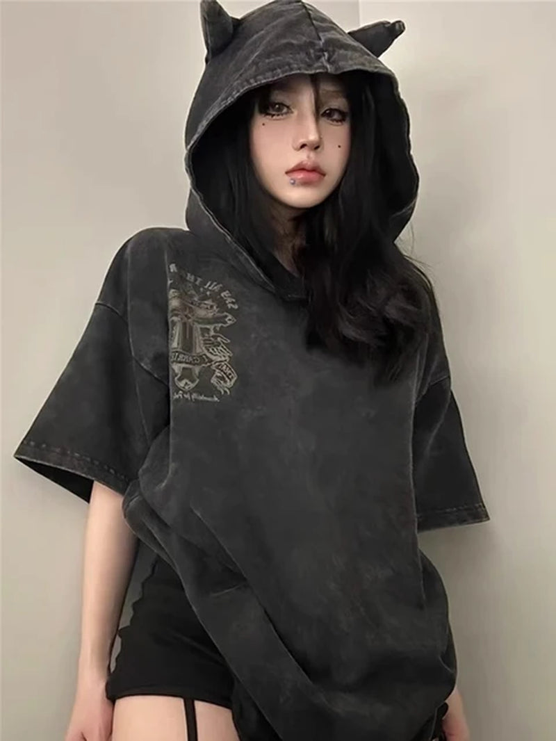 Harajuku Gothic Devil Horn Hooded Tee