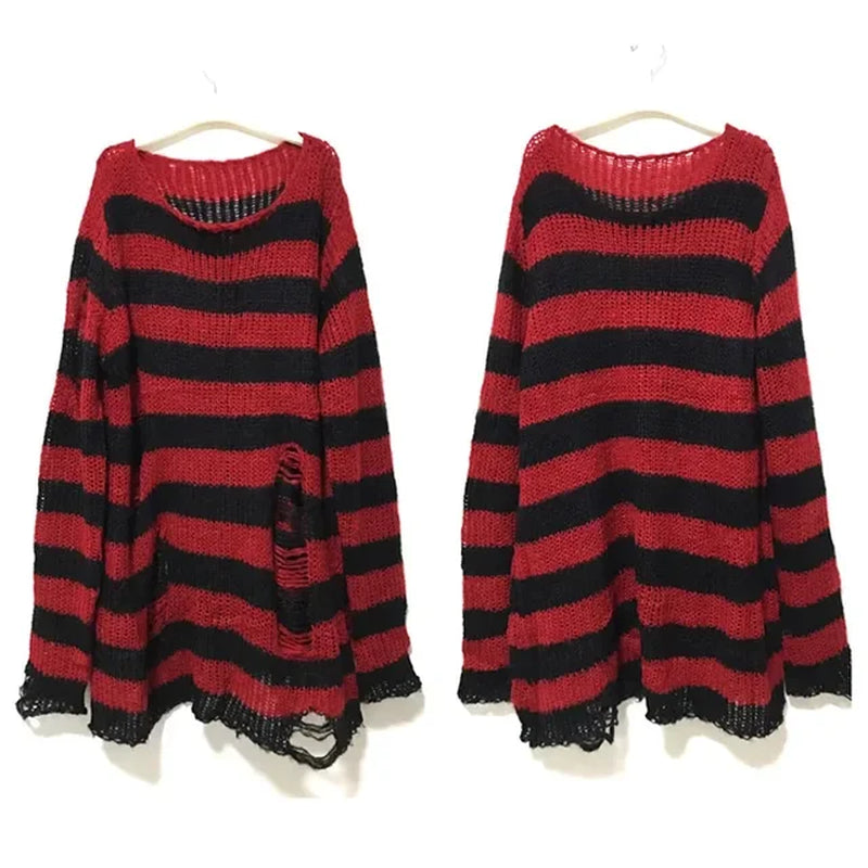 Goth Punk Striped Hollow Out Oversized Sweater