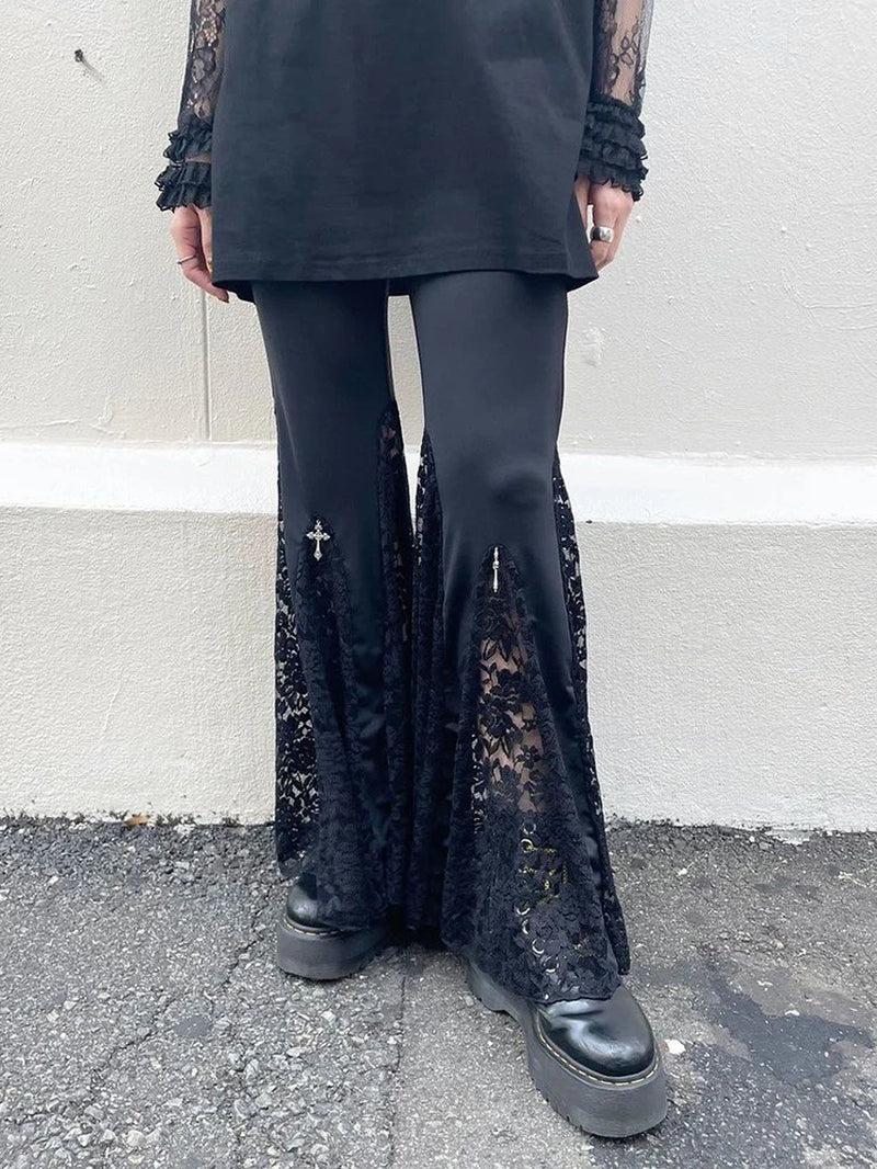 Dark Academia Gothic Cross Lace Patchwork High Waist Flare Pants