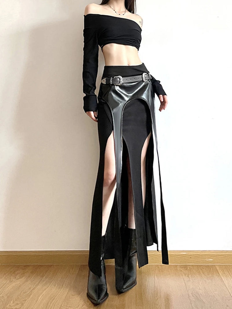 Harajuku Cyber Punk Irregular High Waist PU Leather Patchwork Skirt