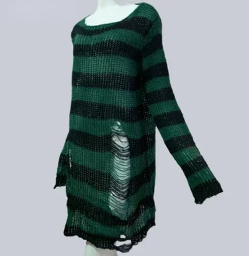 Goth Punk Striped Hollow Out Oversized Sweater