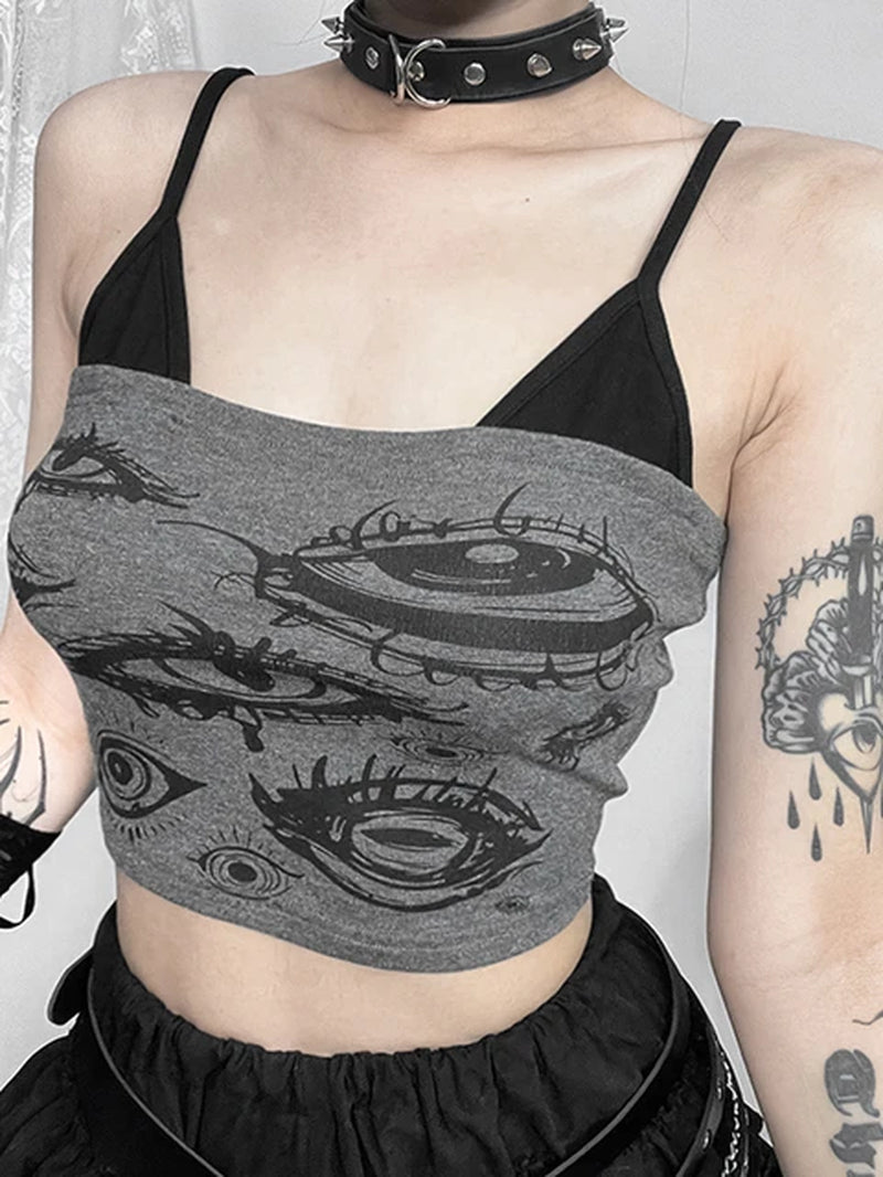 Y2K Gothic Grey Devil Eye Crop Tank Top